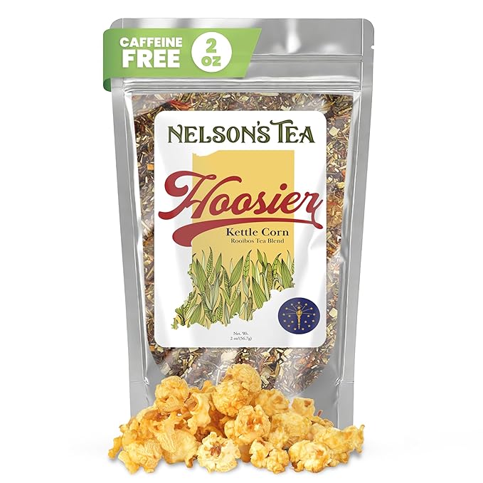 Nelson's Tea Hoosier Kettle Corn - Cut & Sifted, Caffeine Free Loose Leaf Tea with Sweet and Spicy Blend of Green Rooibos, Honeybush, Caramel, Corn, Safflower, Toasted Coconut, Marigold (2 oz)