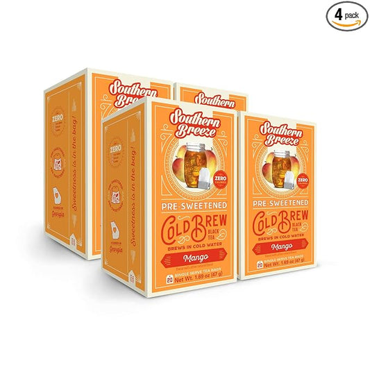 Southern Breeze Cold Brew Sweet Tea Mango Iced Tea with Black Tea and Zero Carbs Zero Sugar, 20 Individually Wrapped Tea Bags, Pack of 4