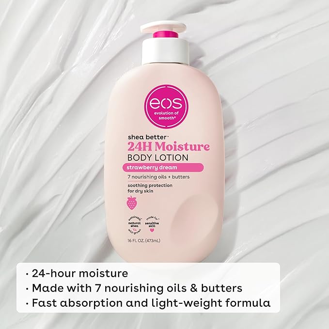 eos Shea Better Body Lotion Strawberry Dream, 24-Hour Moisture Skin Care, Lightweight & Non-Greasy, Natural Shea, Vegan, Strawberry Body Lotion, 16 fl oz