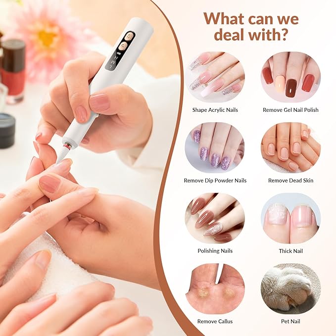 Portable Electric Nail Drill Professional - 30000RPM Cordless Electric Nail File, Manicure Pedicure Kit for Acrylic Nails & Gel Polish Removal, Rechargeable with 12 Drill Bits for Salon and Home