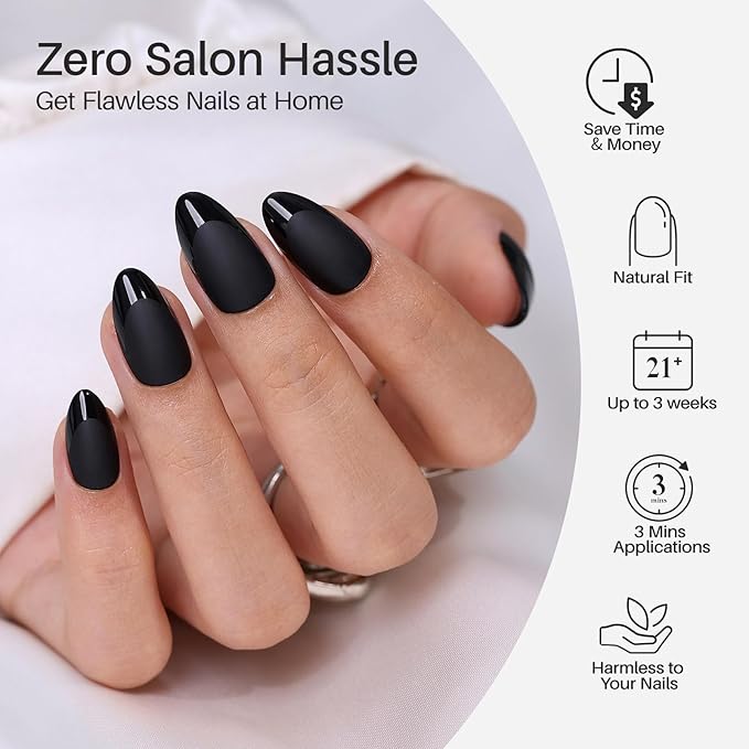 Soft Gel Black Press on Nails Almond - Short Nails with Glossy French Tips in a Matte Finish, Stick on Nails with Glue in 16 Sizes - 32 Reusable Fake Nails for Women, Matte Black