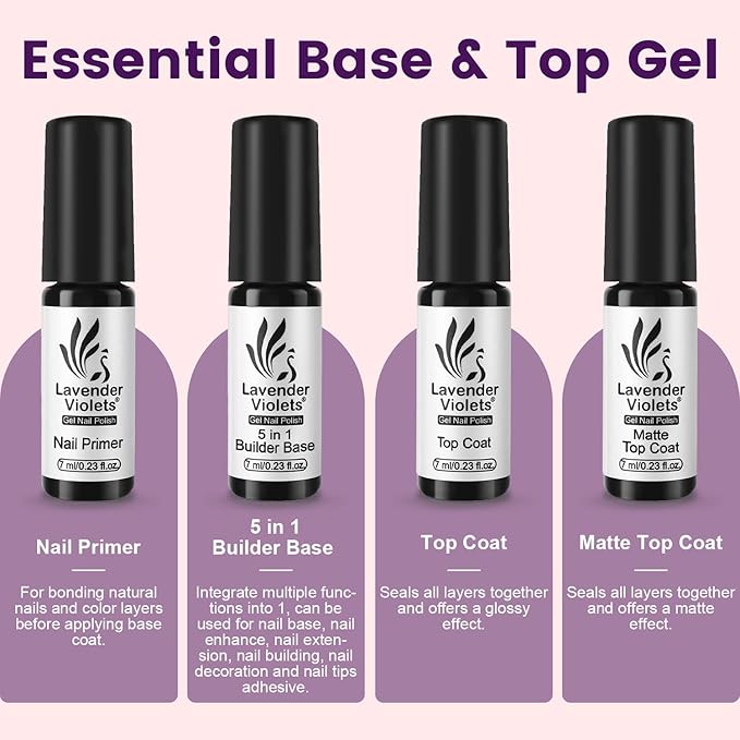 Lavender Violets 49 Pcs Gel Nail Polish Set, 45 Colors Gel Polish U V LED with Base, Glossy & Matte Top Coat for Nail Art Designs A907