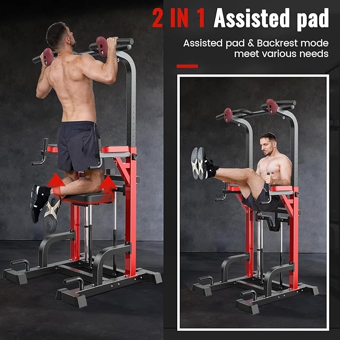 Pooboo Power Tower Dip Station Pull Up Bar for Fitness Home Gym Workout,Multi-Function Adjustable Height Fitness Strength Training Exercise Equipment,with Power Elastic Ropes