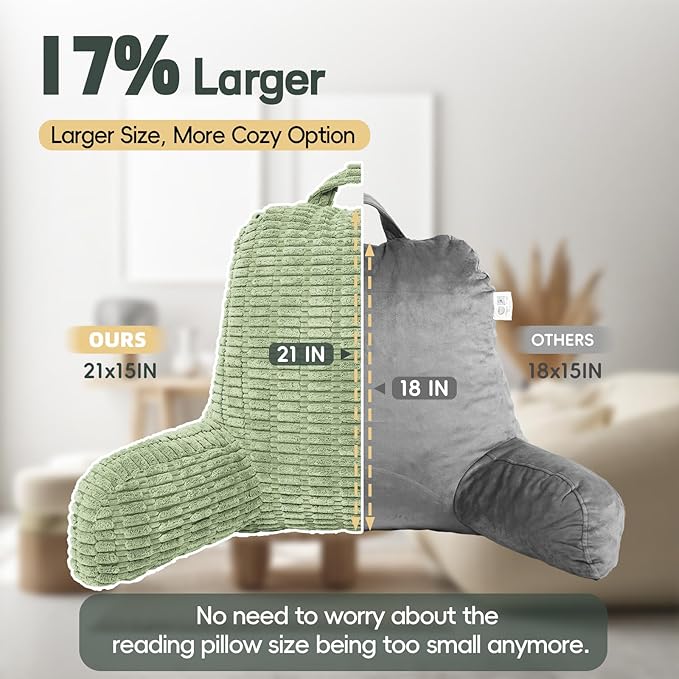 21" Higher Large Reading Pillow for Bed Adult, Back Pillow for Bed Sitting Up with Memory Foam Back Support with Arms Rest for Couch Chair Green
