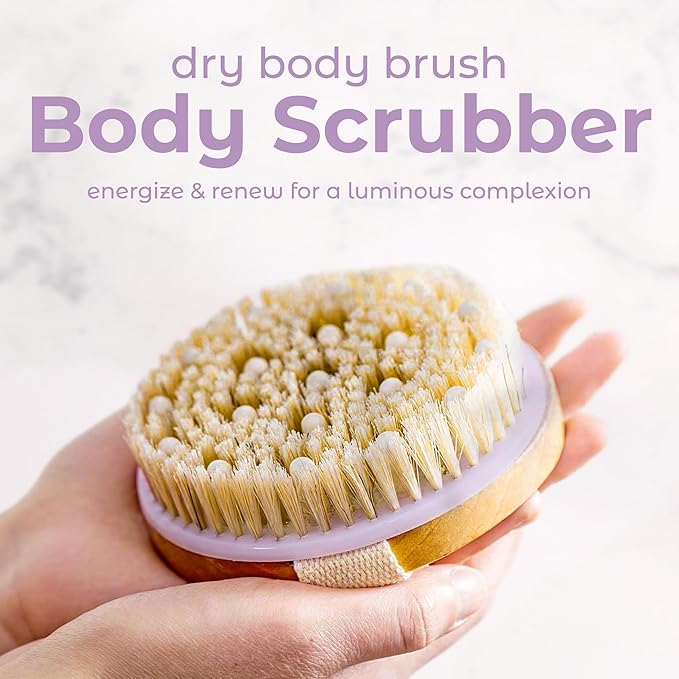 MainBasics Dry Brushing Body Brush for Lymphatic Drainage, Dry Skin, Cellulite, Blood Circulation with Exfoliating Natural Bristles and Massage Nodes for Flawless Skin