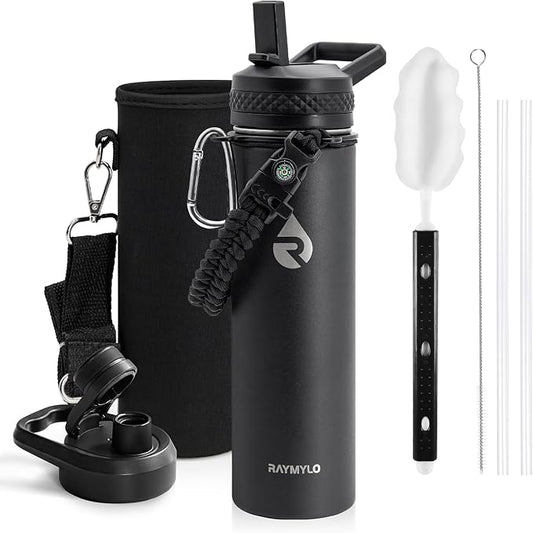 Insulated Water Bottle 20 oz, Triple Wall Vacuum Stainless Steel (Cold for 48 Hrs), Leak Proof & Non-BPA, Kids Water Bottle Jug for School with Straw Spout Lids, Magic Black