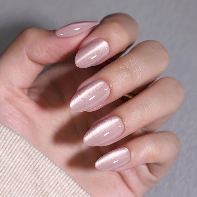 Pink Cat Eye Press on Nails Short - Soft Gel Press on Nails Almond for Women Gift, Fit Perfectly & Natural Glue on Nails in 16 Sizes - 32 Reusable Fake Nails with Glue, Beige Pink