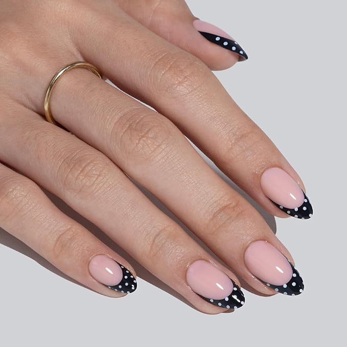 Black French Tip Press on Nails Short - Polka Dots, Soft Gel Almond Press on Nails for Women, Seamless Fit Glue on Nails in 16 Sizes - 32 Reusable Fake Nails Kit with Glue