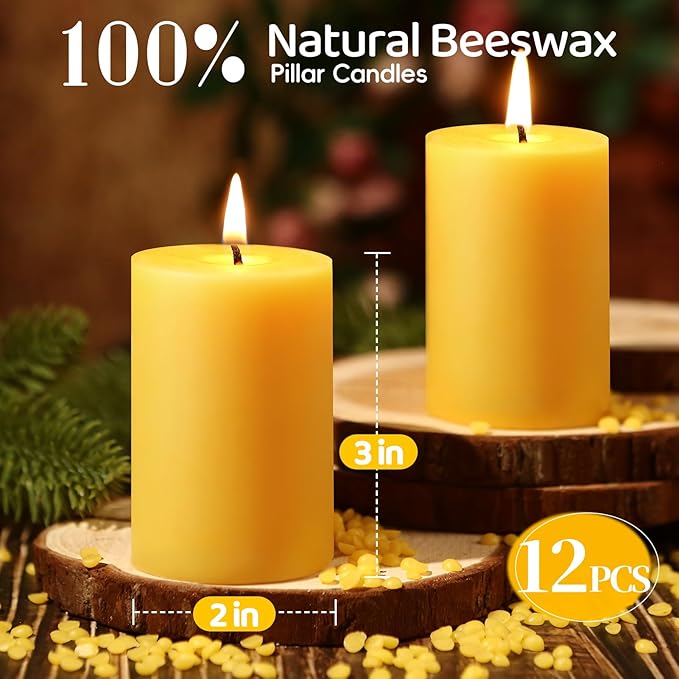 12 Pack Natural Beeswax Pillar Candles,100% Pure Beeswax Candles-384 Hours Long Burning,Unscented Bees Wax Candles for Home,Prayer,Emergency,Dripless Smokeless Organic Pillar Candles Bluk-2x3in
