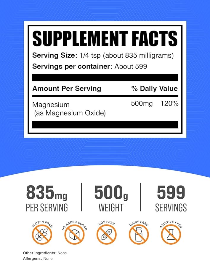 BulkSupplements.com Magnesium Oxide Powder - Magnesium Oxide Supplement, Mineral Supplement - Food Grade & Gluten Free, 835mg per Serving, 500g (1.1 lbs) (Pack of 1)