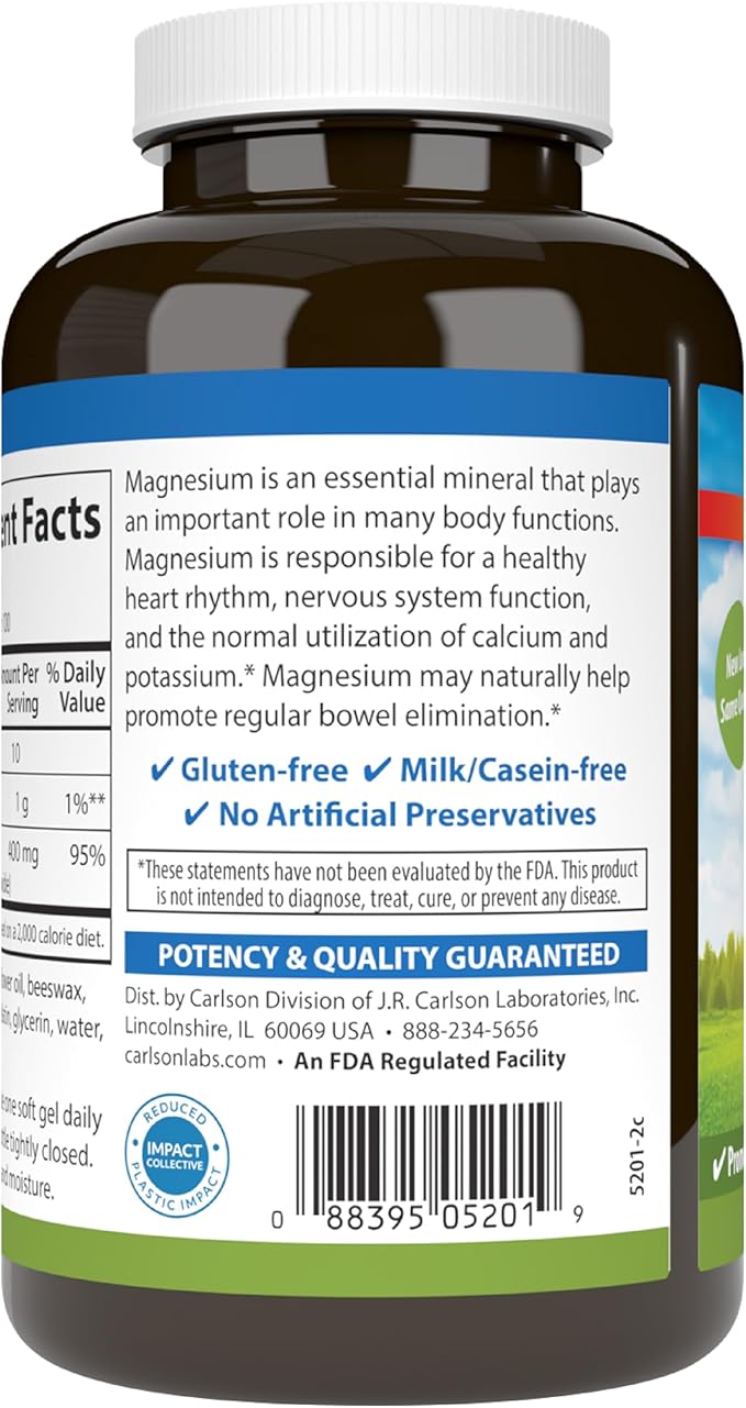 Carlson - Magnesium Gels, 400 mg of Magnesium per Softgel, Heart & Muscle Support, Magnesium Gel Caps, Bowel Function, Magnesium Supplement, 100 Softgels
