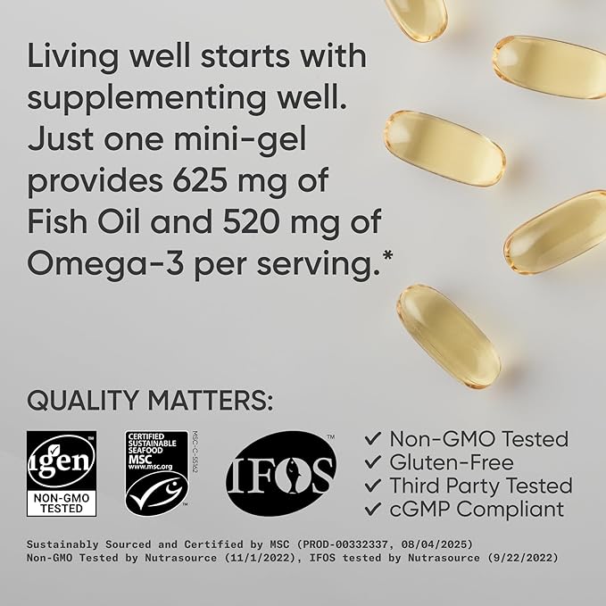 Sports Research® Omega-3 Fish Oil Mini Gels - Sourced from Wild Alaska Pollock w/Omega-3 EPA & DHA - Burpless, Bovine Free, Non-GMO, & MSC Certified Sustainable - 240 Count