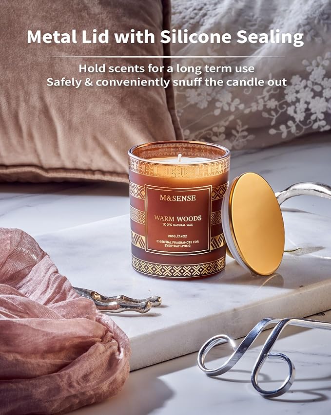 M&SENSE Christmas Candles - Warm Wood Scented Candle for Home, 7.4 Oz, 45 Hour Burn Time, Fall Winter for Men & Women, Xmas Thanksgiving Gift