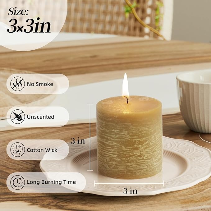 KONNI Wax Yellow Pillar Candles Set of 3, 3"x 3" Unscented Pillar Candles Bulk, 30 Hours Long Burning Candles, Smokeless&Dripless Large Round Candle for Wedding, Home Decoration, Parties, Spas, Dinner
