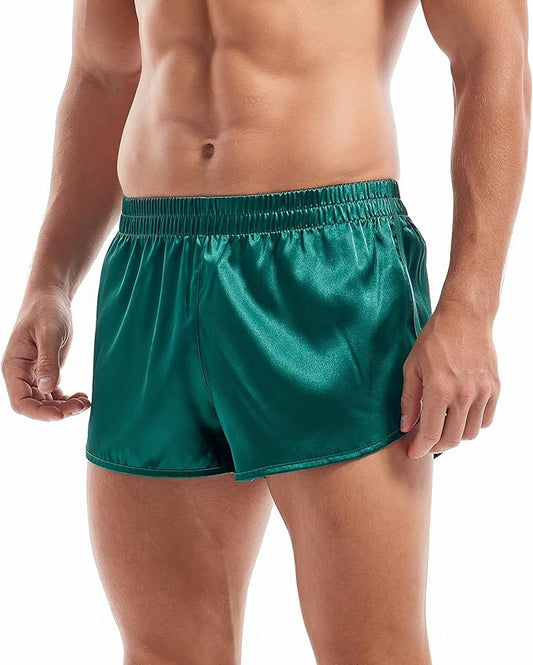 AMY COULEE Mens Satin Shorts Silk Boxers Sexy Split Side Lounge Shorts 3 Inch Pajama bottoms