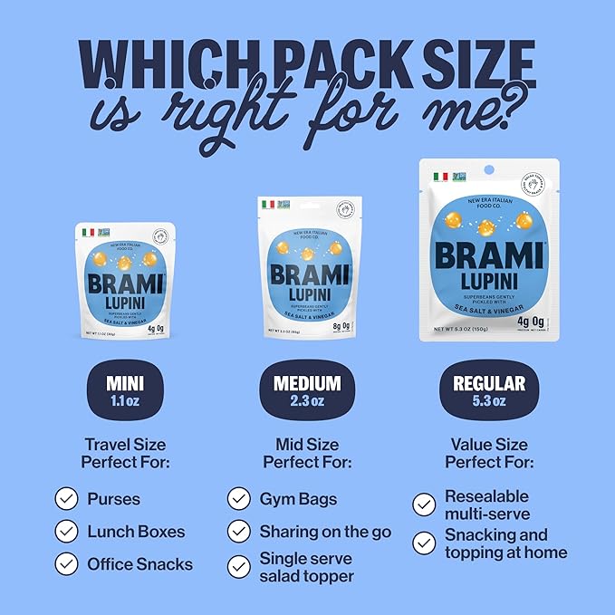 Brami Lupini Beans Snack, Sea Salt & Vinegar | 7g Plant Protein, 0g Net Carbs | Vegan, Vegetarian, Keto, Plant Based, Mediterranean Diet | 1.1 Ounce (Pack of 8)