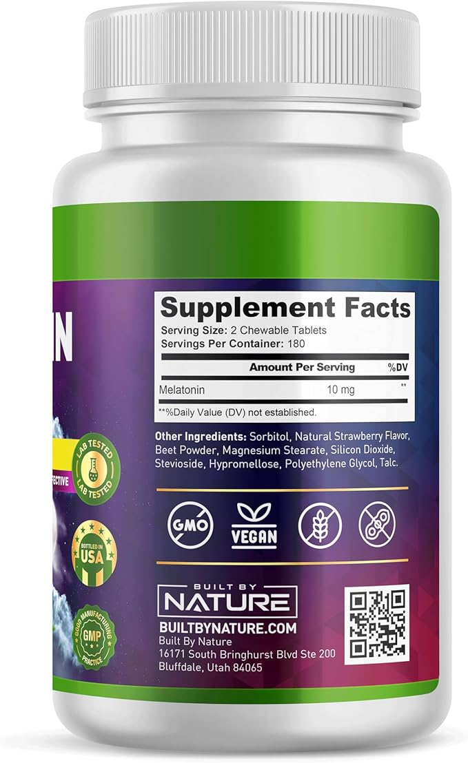Built by Nature Melatonin 10 mg – Fast Dissolve Berry Tablets – Extra Strength Drug Free Sleep Support – Non-GMO, Vegan – Naturally Flavored and Sweetened – 360 Chewable Tablets