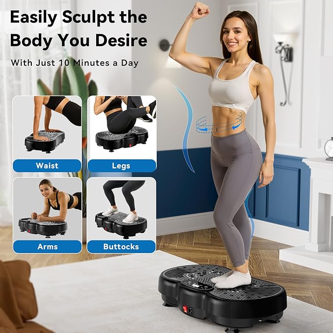 Vibration Plate Exercise Machine for Home & Office - Whole Body Vibration Platform Plate w/ Resistance Bands, Ultra Quiet Exercise Equipment for Weight Loss, Toning (Black)