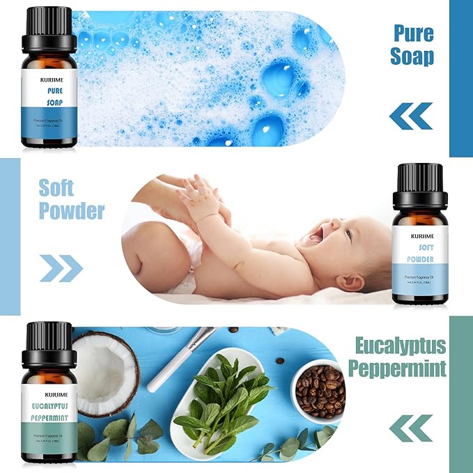 Essential Oils Set, Clean Scents Fragrance Oil Essential Oils for Diffuser Aromatherapy - Fresh Linen, Extra Clean, Warm Cotton, Soft Powder, Pure Soap, Eucalyptus Peppermint, 6x10ml