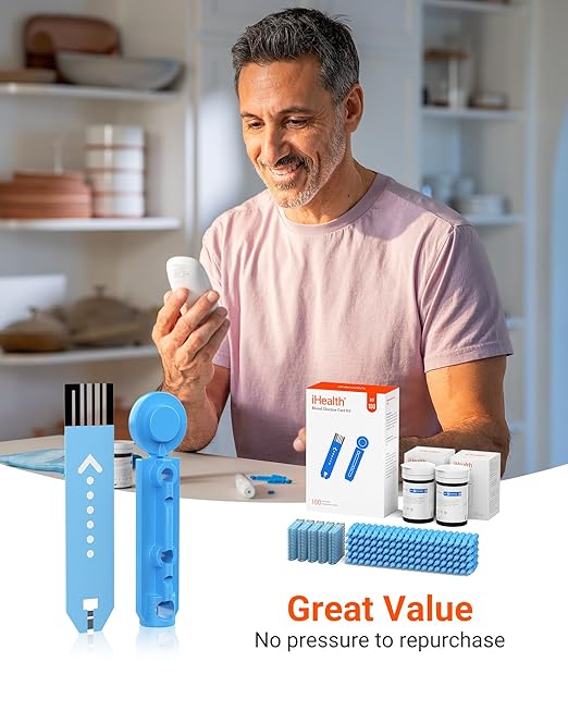 iHealth Acacia Blood Glucose Monitor Kit, 100 Glucometer Strips, 100 Lancets, 1 Blood Sugar Monitor, 1 Lancing Device, 1 Travel Bag, No Coding, Portable Blood Sugar Testing Kit, Diabetes Testing