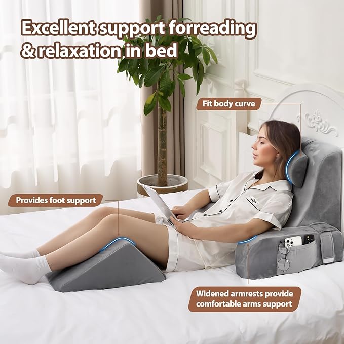 Reading Pillow for Sitting in Bed Adult, Back Pillow for Sitting Up in Bed with Arm Rest and Knee Rest, Suitable for Gaming,Watching TV on Floor, 19in 5Pcs, Grey