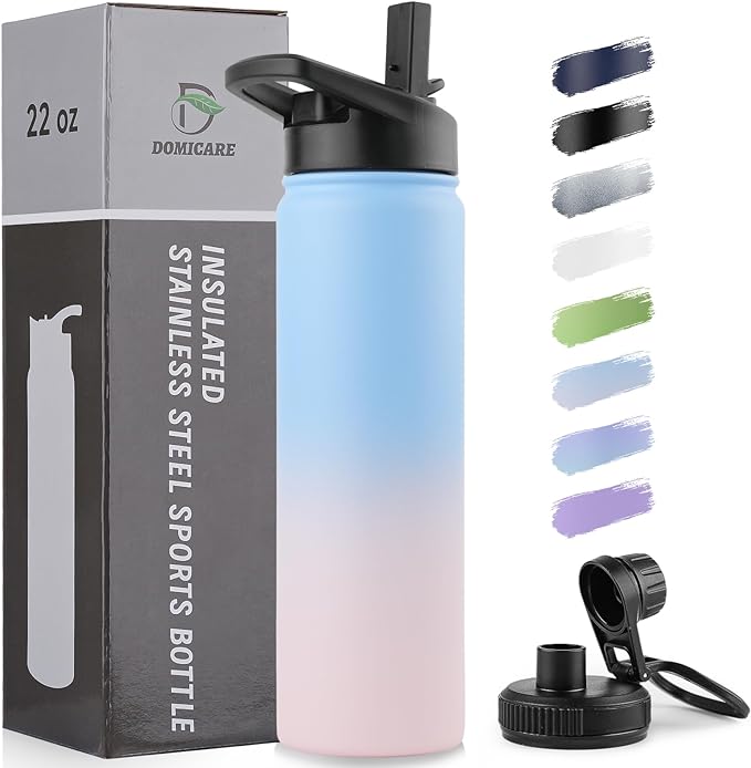 DOMICARE Insulated Water Bottle, 22 oz Vacuum Insulated Stainless Steel Reusable Sports Bottle with Straw Lid & Spout Lid for Travel, Camping, Bike, Leakproof, Blue/Pink, 1 Pack