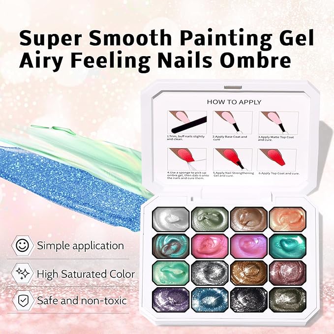 Glitter Pat Gel Nail Polish Palette, 16 Colors Blending Ombre Gel Polish Patting Gradient Painting Nails Art, No Wipe, UV/LED Cured, Aurora Mermaid Chrome Holographic (16 Colors E)