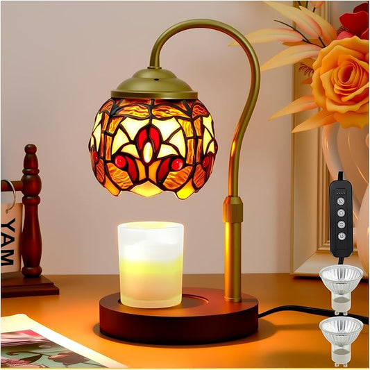 Tiffany Style Candle Warmer Lamp with Timer, Dimmable Stained Glass Candle Lamp Warmer, Birthday Gifts for Mom Women Friend Sister Baroque Wax Melt Warmer with 2 Bulbs for Home Deco