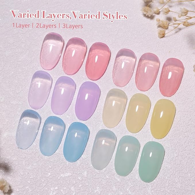 10ml Hema-Free Jelly Gel Nail Polish Set -6 Colors Lavender Pastel Yellow Light Green Pink and Blue Salon Home DIY Gift for Women