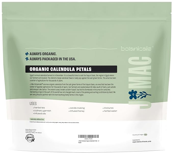 J Mac Botanicals, Organic Calendula Petals (12 oz) edible dried flowers, pairs well with rose petal for ice cubes, cooking, beverages, and bath bombs