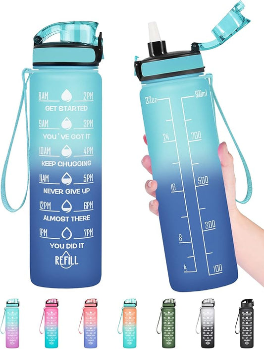 Enerbone Water Bottle, Leakproof BPA & Toxic Free, Motivational Water Bottle with Times to Drink and Straw, Fitness Sports Water Bottle with Strap for Office, Gym, Outdoor Sports