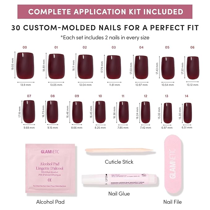 Glamnetic Press On Nails - Cherry Mocha | Dark Red Medium Square Fake Nails with a Glossy Finish, Salon Quality Halloween Nails | 15 Sizes - 30 Nail Kit with Glue