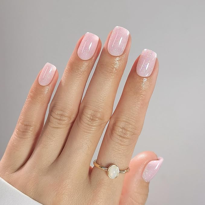 Press on Nails Square - Soft Gel Pink Press on Nails Short for Women Gift, Fit Perfectly & Natural Stick on Nails with Glue in 16 Sizes - 32 Reusable Fake Nails, Shimmering Pink