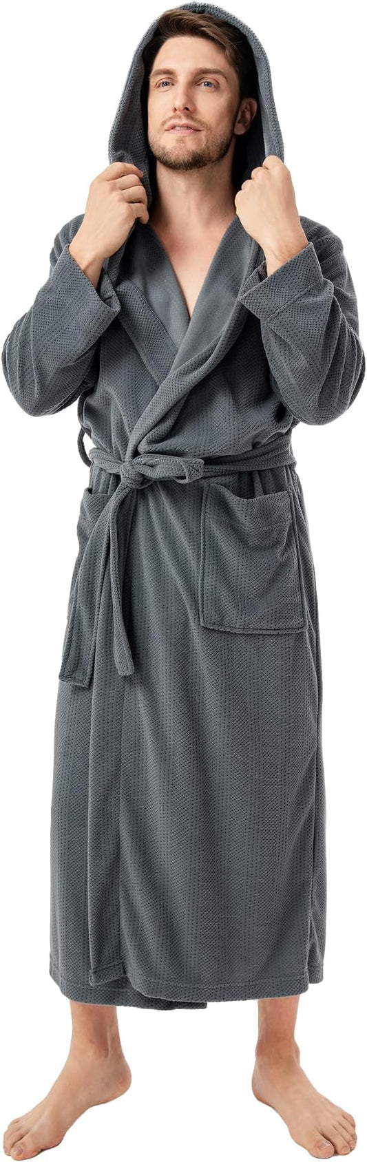 DAVID ARCHY Men's Robe Long Sleeve Lightweight Knit Bathrobe,Comfort Knee Length Hood Sleepwear
