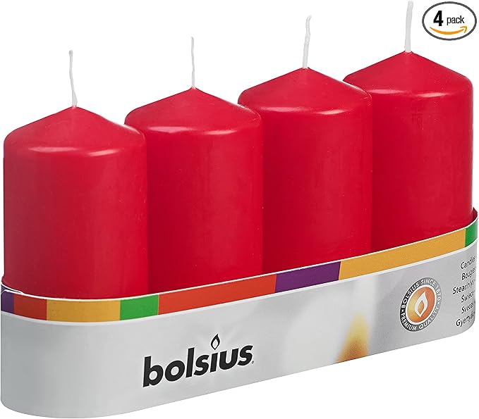 BOLSIUS 4 Count 2x4 Inch Red Pillar Candles - 20 Hours Burn Time - Premium European Quality - Unscented Dripless and Smokeless Wedding, Party, Dinner, Restaurant, and Special Occasion Candle Set