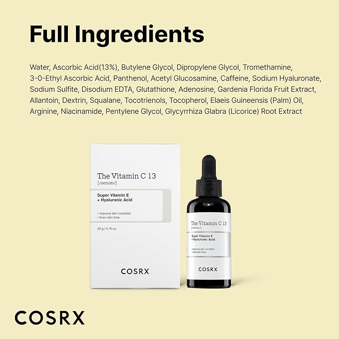 COSRX Pure Vitamin C 13% Serum with Vitamin E & Hyaluronic Acid, Hydrating Facial Serum for Fine Lines, Uneven Skin Tone & Dull Skin, 0.67fl.oz/20ml, Korean Skin Care