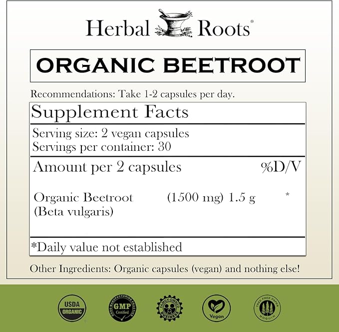 Herbal Roots Organic Beet Root Powder Capsules - 1,500mg per Serving - Certified USDA Organic - Non-GMO - 60 Count Vegan Capsules