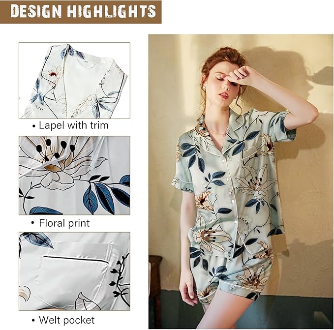 4Pcs Womens Satin Silky Pajama Sets Short Sleeve Shirt XS-4XL Floral Pajamas Set Soft PJ Loungewear Sleepwear