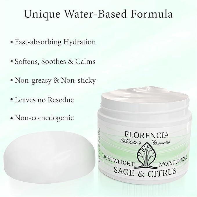 Florencia Sage & Citrus Lightweight Moisturizer - Oil-Free Hydrating Face Cream for Sensitive, Oily, Acne-Prone Skin - Plant-Based, Fast-Absorbing Moisturizer for Combination Skin