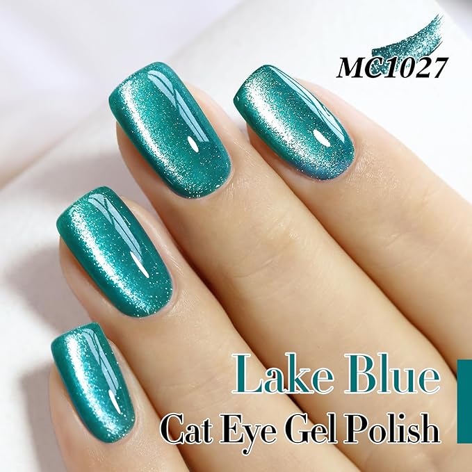 Double Rhythm 0.5 OZ Cat Eye Gel Polish with Magnet 15ML Holographic Glitter Shimmer Translucent Jelly Color Magnetic Gel Polish Salon DIY at Home (Teal-MC1027)