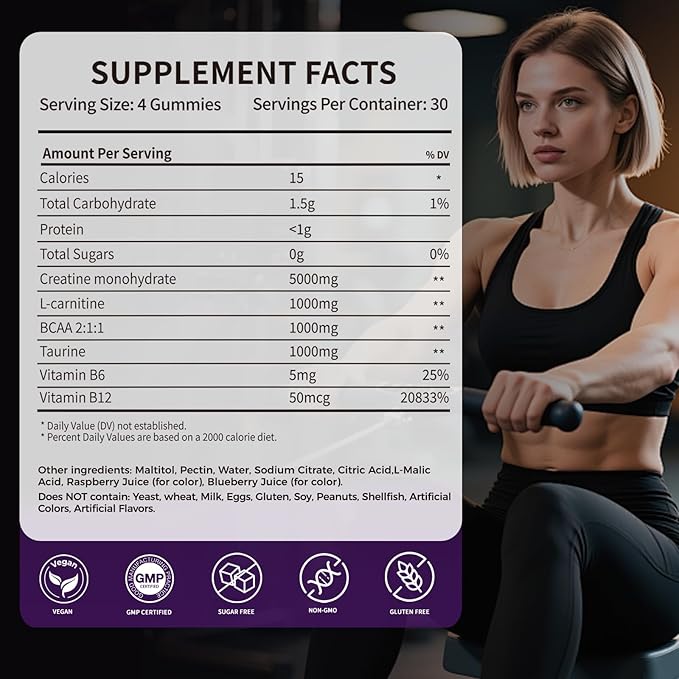Creatine Monohydrate Gummies 5000mg - Sugar Free Pre Workout Supplement for Men & Women, Creatine Gummies for Muscle, Strength, Recovery, Cognitive Health & Memory, Mixed Berry Flavor, 120 Count