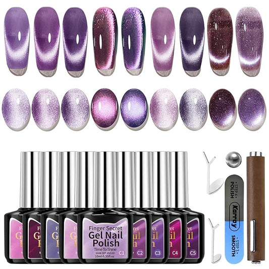 Gel Nail Polish Set, Cat Eye Gel Polish Kit, Holographic Reflective Magnetic Shimmer Glitter Dark Light Purple Gel, Manicure Salon DIY Gifts, Soak Off, UV/LED Cured (9 Colors C)