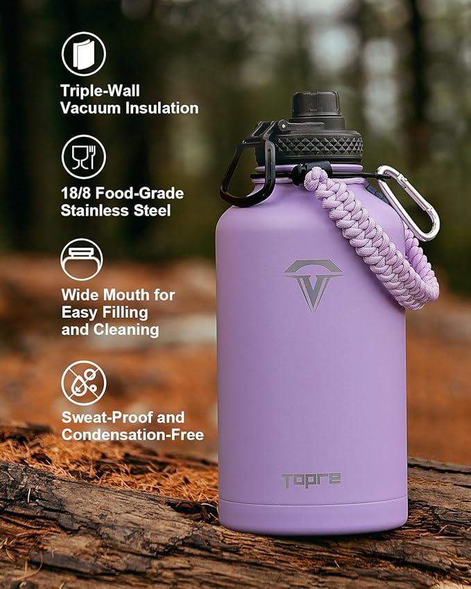 64 oz Insulated Water Bottle,Half Gallon Water Flask Stainless Steel Vacuum, Cold for 48 Hrs,BPA-Free & Leakproof -with Paracord Handle, Strap,Straw Spout Lids,Large Jug for Gym,Purple