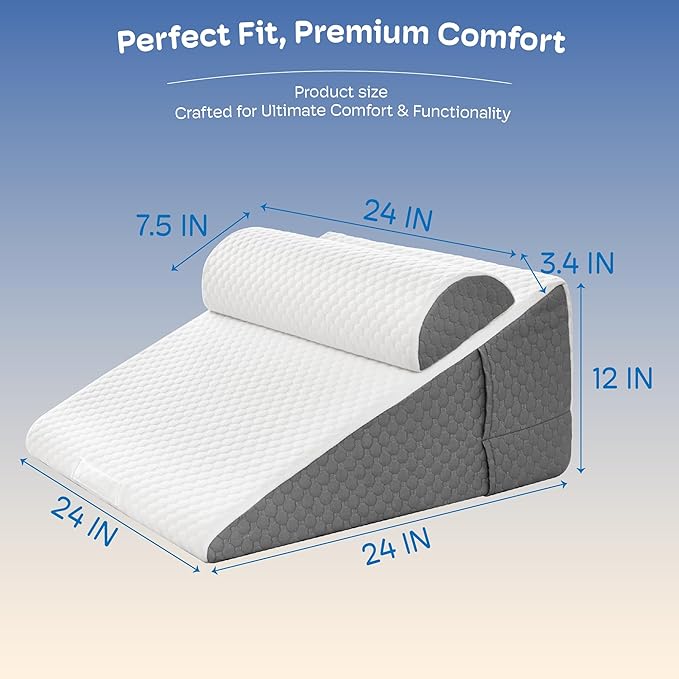 12" Bed Wedge Pillow for Sleeping with Headrest, Wedge Pillow Set for After Surgery Acid Reflux Back Pain Relief, Snoring & Gerd Memory Foam Triangle Incline Headboard Wedge Pillows