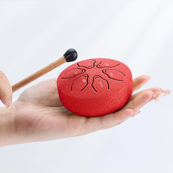 Facmogu Rain Drum for Outside, 6 Notes 3 Inch Steel Tongue Drum Rain Chime, Musical Rain Drum for Garden Yoga Meditation Zen, Mini Chakra Drum for Rain Outdoor w/Bag & Mallet - Red (Bowlling Pattern)