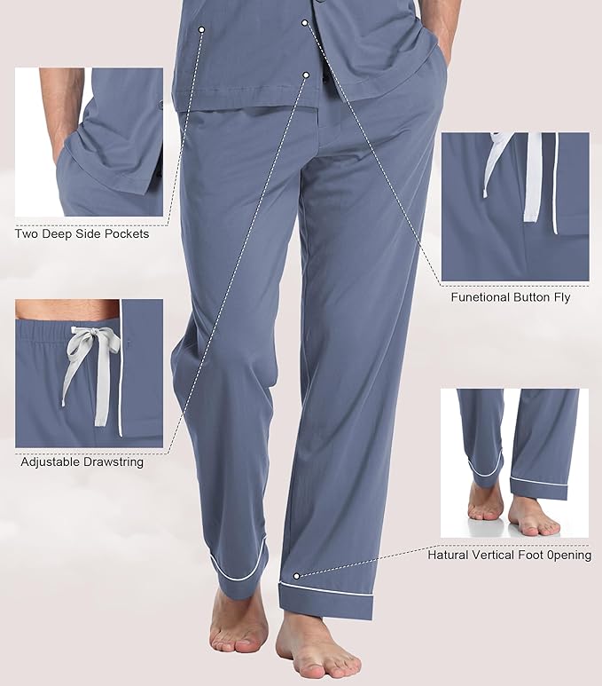 COLORFULLEAF Men's 100% Cotton Pajamas Set Button Down Sleepwear Short Sleeve and Long Pants Pjs