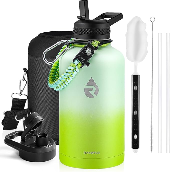 Insulated Water Bottle 64 oz, Triple Wall Vacuum Stainless Steel (Cold for 48 Hrs), Leak Proof & Non-BPA, Half Gallon Water Flask Jug with Paracord Handle & Straw Spout Lids