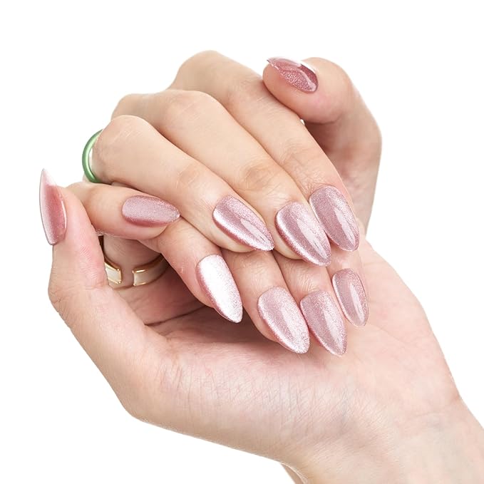 GLAMERMAID Pink Magnet Cat Eyes Press on Nails Short Almond, Handmade Jelly Gel Fake Nail Kits, Ombre Glitter Magnetic Glue on Nail Stiletto, Aurora Medium Oval Stick on False Nail Set for Women