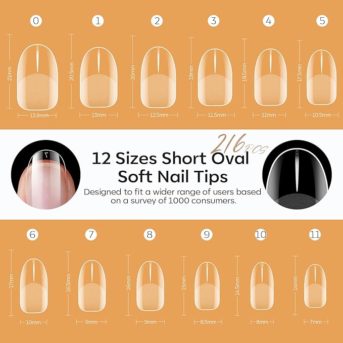 modelones Short Oval Nail Tips, Pre-shaped Soft Gel Tips Fake Nails False Acrylic Clear Full Cover Press on Extension Kit Gel Manicure DIY at Home 216PCS 12Sizes