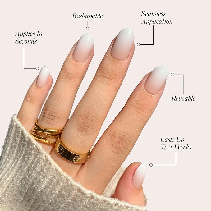 Glamnetic Press On Nails - Creamer | UV Finish Neutral Ombre Short Round Nails, Salon Quality | 15 Sizes - 30 Nail Kit with Glue